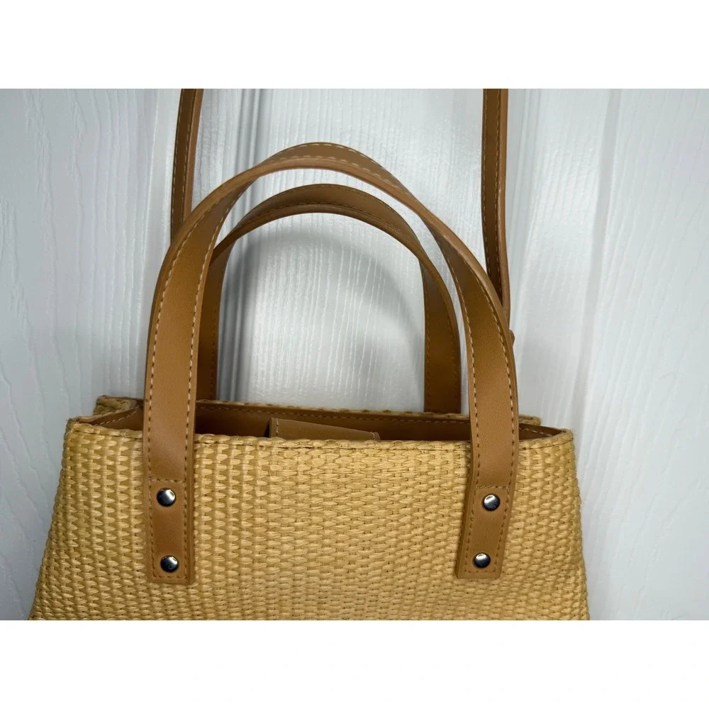 Nine West Straw Woven Tote Handbag Crossbody Bag Tan Leather‎ Trim